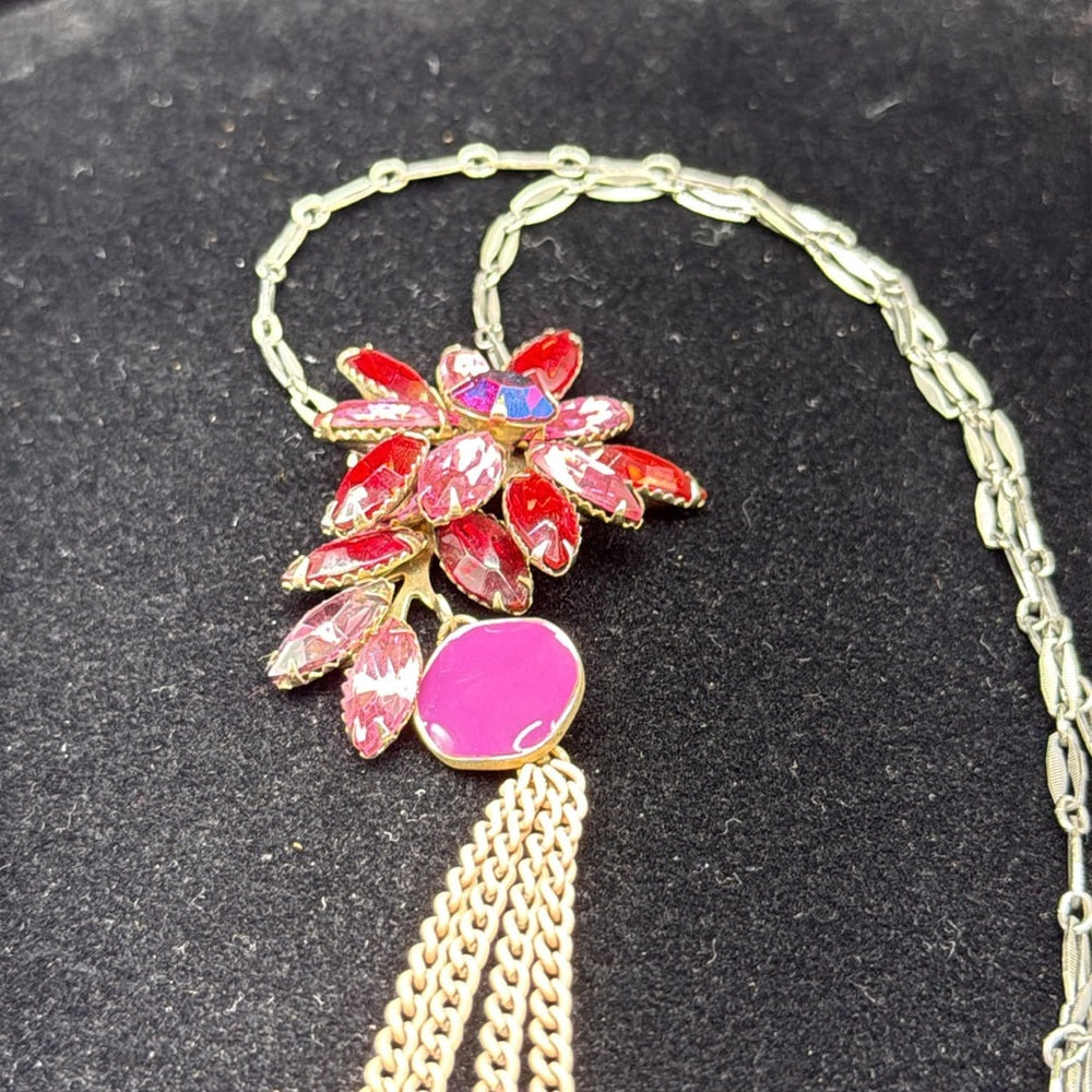 Adorned Crown Jewelry assemblage rhinestone pink mixed metal long necklace