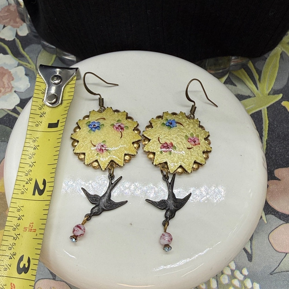 Adorned Crown Jewelry assemblage boho guilloche yellow floral bird earrings
