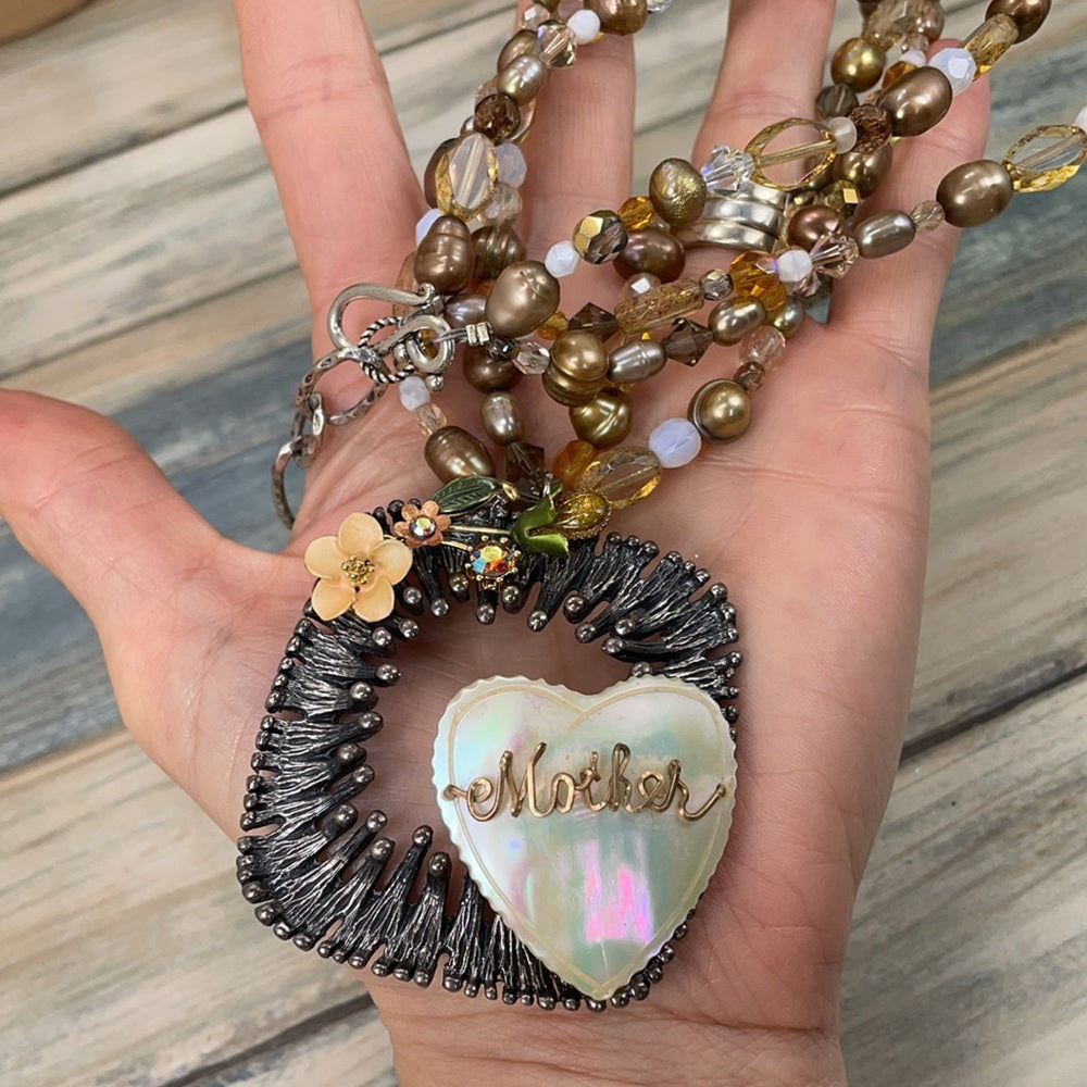 Adorned Crown artisan assemblage shell Pearl beaded heart mother necklace