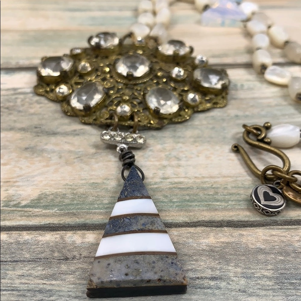 Adorned Crown artisan assemblage crystal & moonstone & pearl necklace