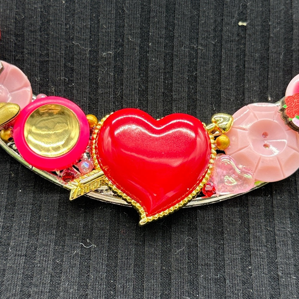 Adorned Crown Jewelry assemblage hearts ablaze pink red bib necklace