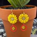 Adorned Crown yellow enamel daisy flower neon circle drop crystal earrings