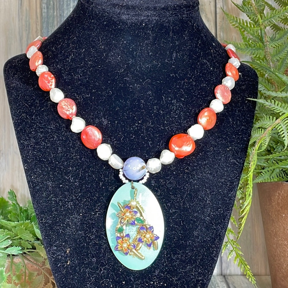 Adorned Crown Artisan assemblage necklace genuine pearls enamel flower