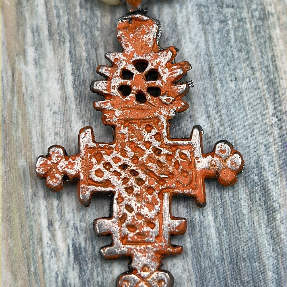 Adorned Crown necklace orange tribal cross mother of Pearl beads assemblage