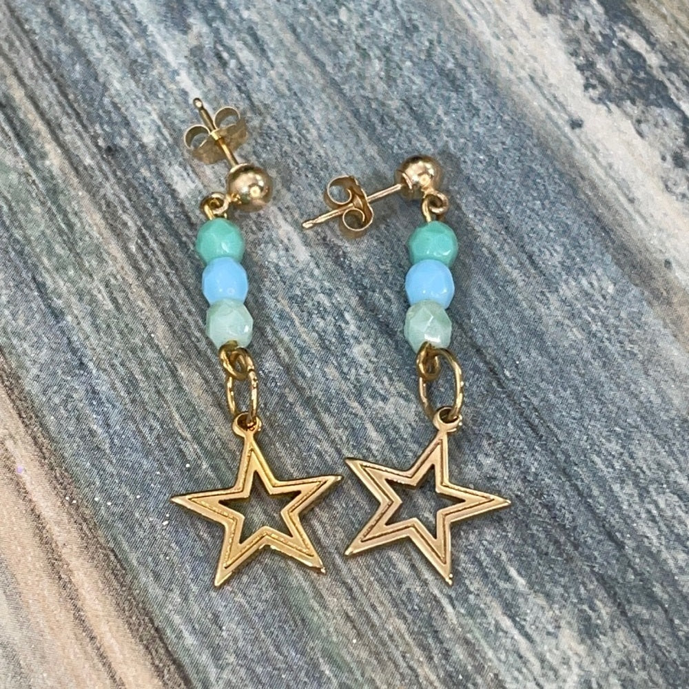 Adorned Crown artisan assemblage gold star blue green bead post earrings