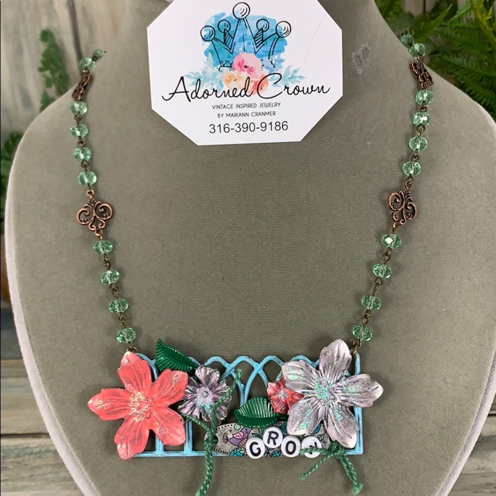 Adorned Crown artisan assemblage GROW Fence garden necklace