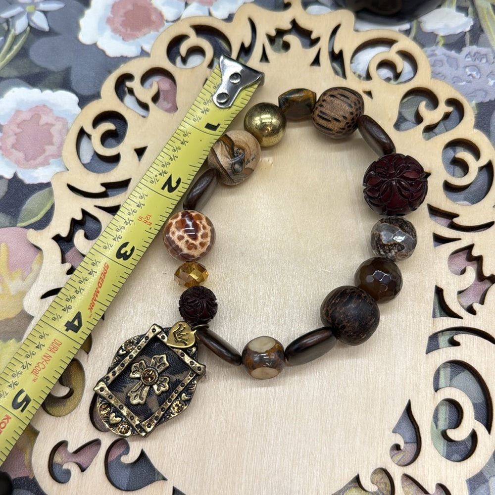 Adorned Crown Jewelry assemblage stretch beaded brown cross bracelet