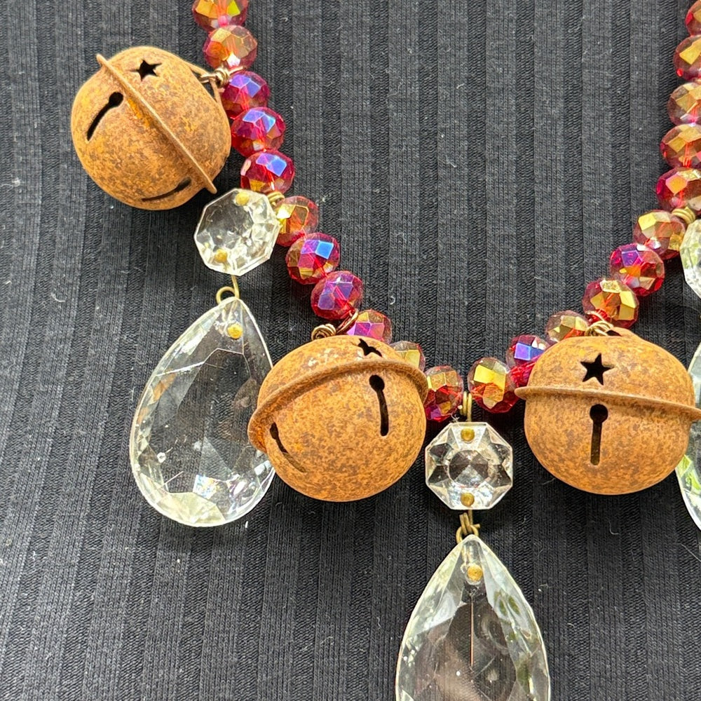 Adorned Crown Jewelry assemblage Christmas rusty jingle bell crystal necklace