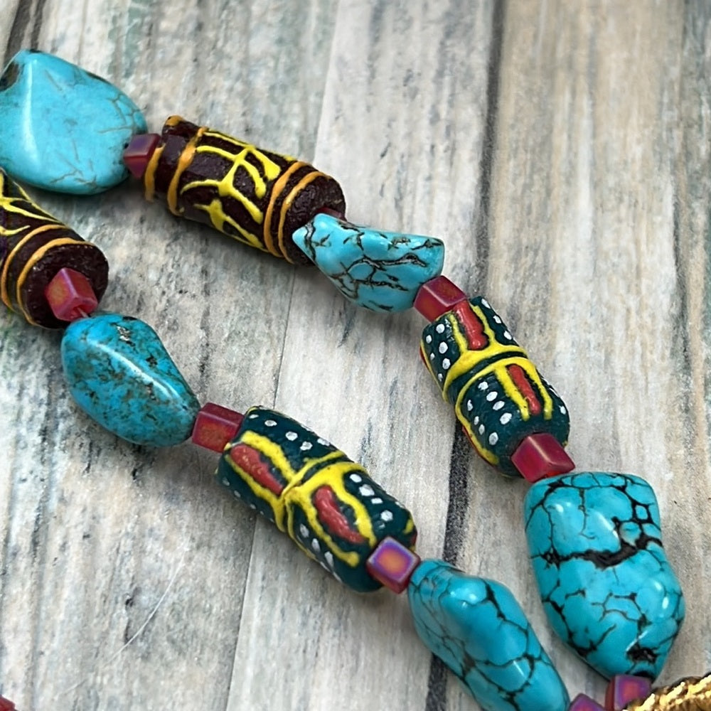 Adorned Crown Artisan Assemblage turquoise & African trade bead necklace