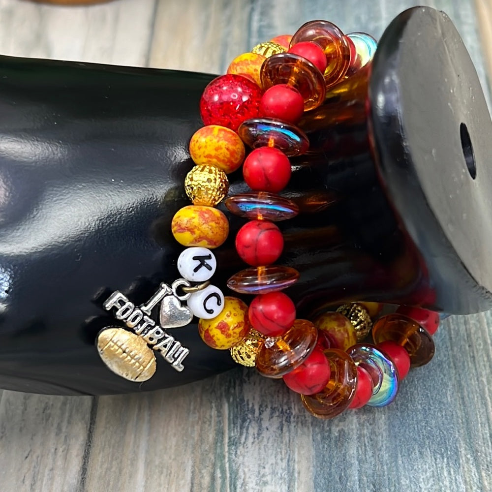 Adorned Crown Kansas City Chiefs KC football red gold stretch bracelet set C