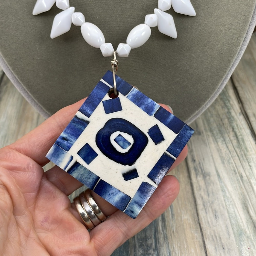 Adorned Crown Artisan Assemblage “make a statement” blue mosaic necklace