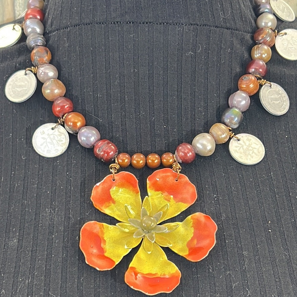 Adorned Crown Artisan Assemblage Tahitian Pearl coins enamel flower necklace