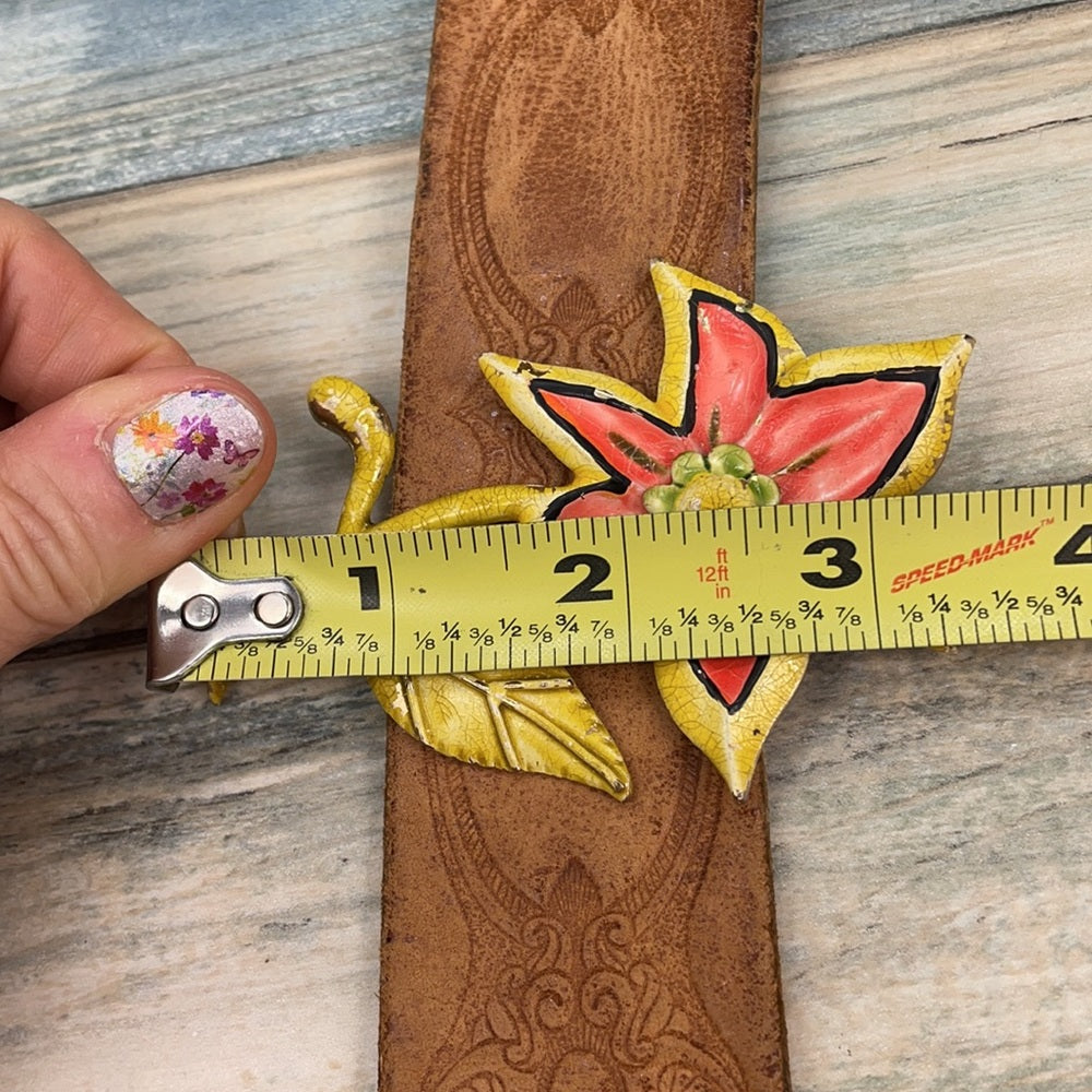 Adorned Crown assembled leather cuff enamel flower mid century boho bracelet