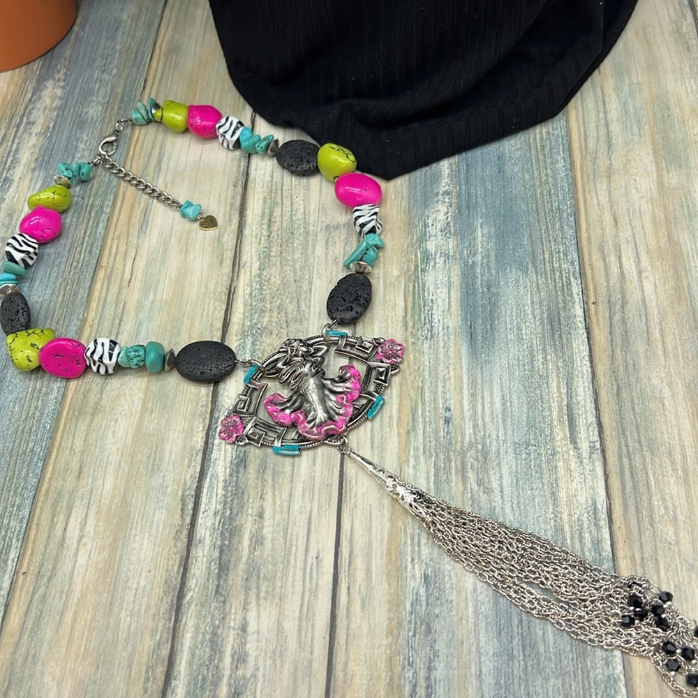 Adorned Crown Jewelry assemblage neon turquoise siren pendant tassel necklace