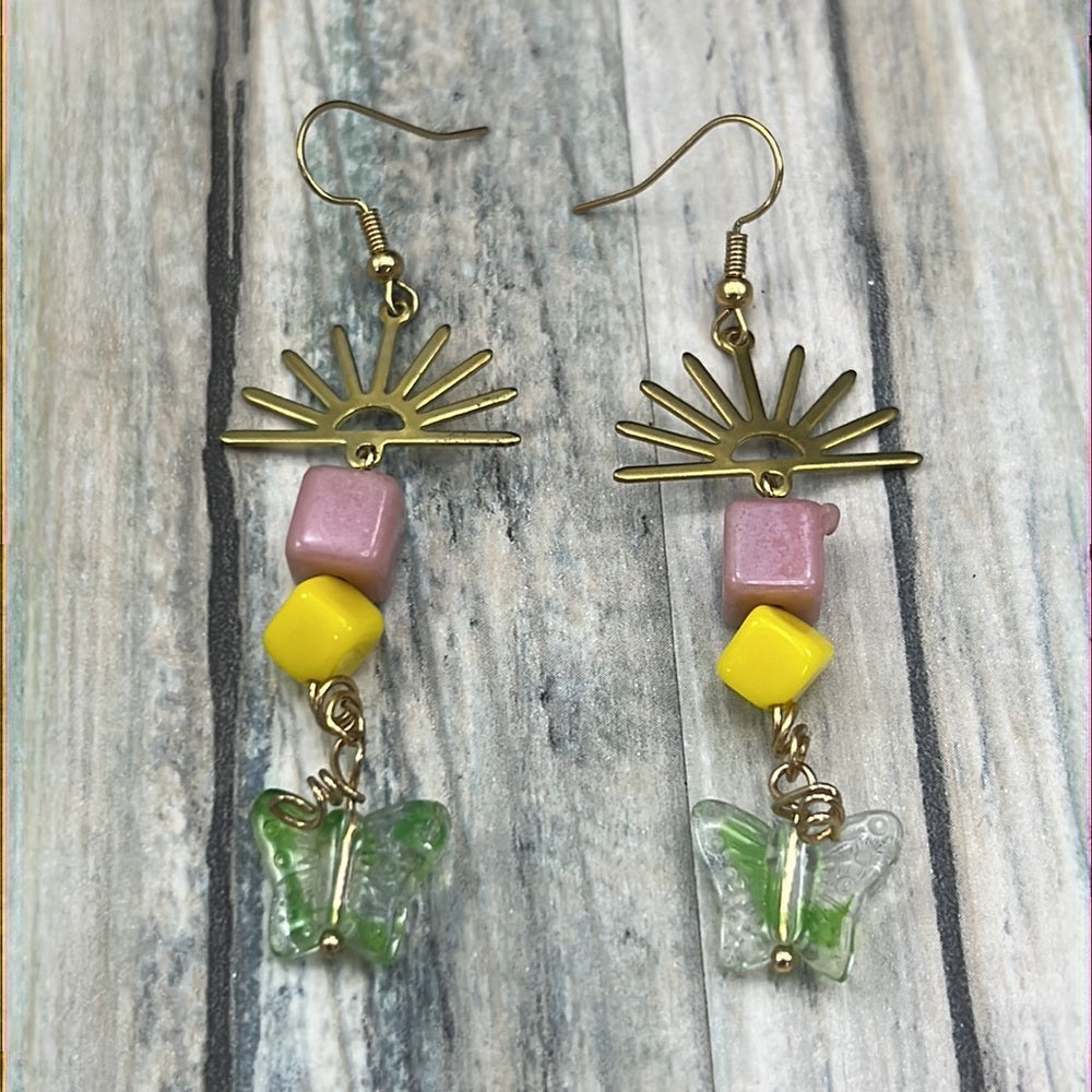 Adorned Crown Artisan Assemblage Czech glass butterfly sunrise earrings