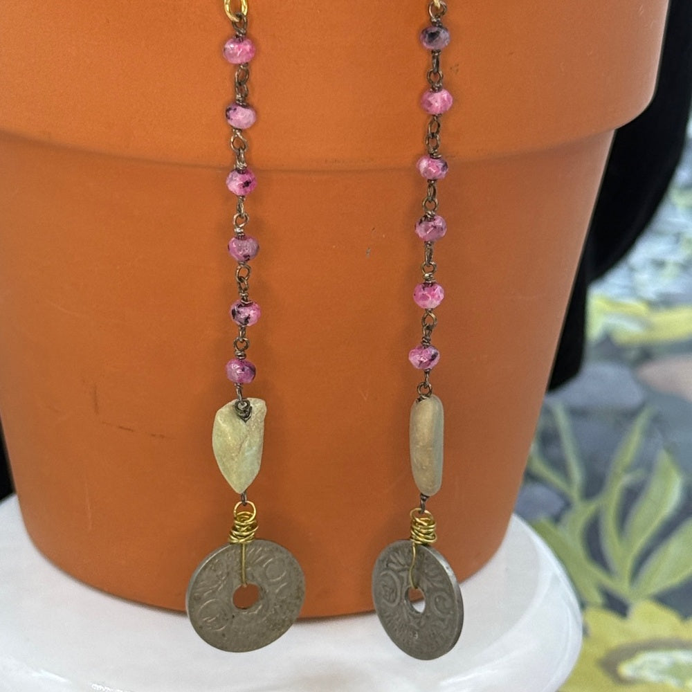 Adorned Crown Jewelry assemblage boho pink green coin stone earrings