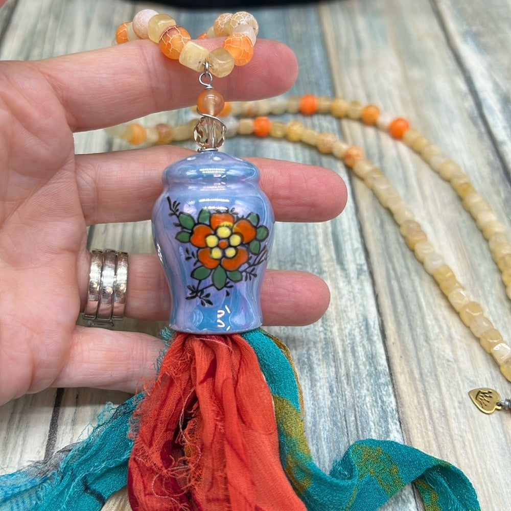 Adorned Crown Jewelry assemblage ceramic shaker tassel stone bead necklace
