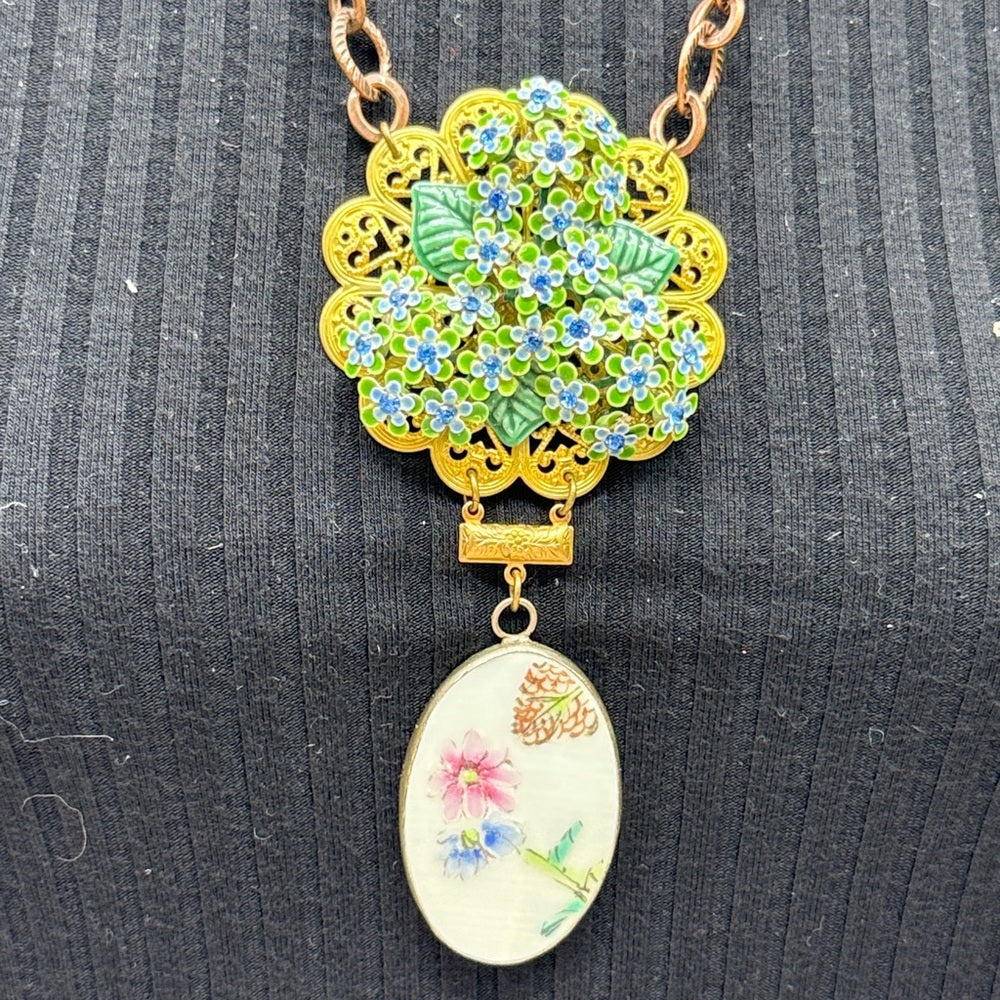 Adorned Crown Jewelry assemblage vintage blue rhinestone ceramic drop necklace