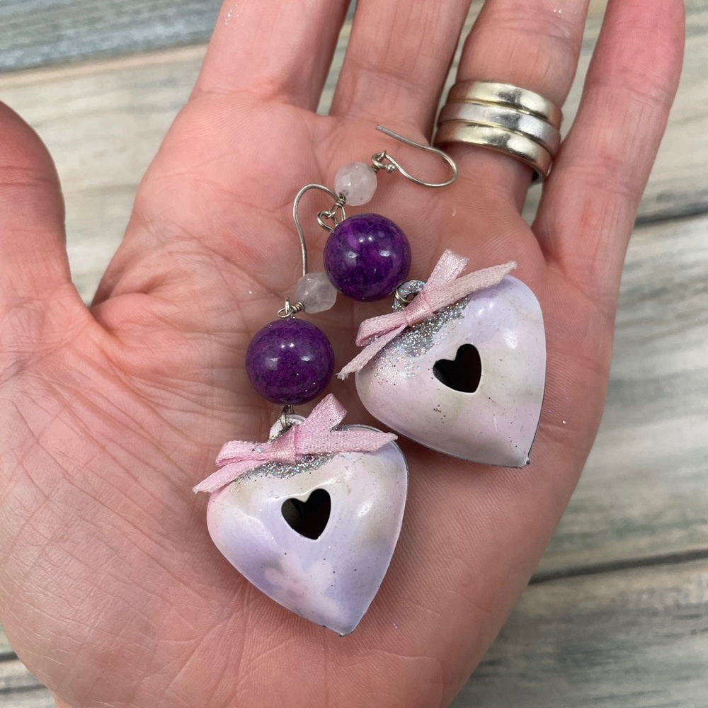 Adorned Crown enamel pink puffy heart bead earrings