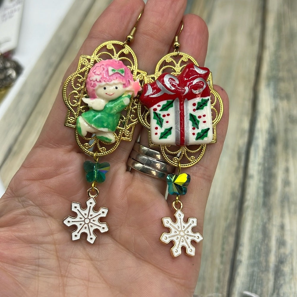 Adorned Crown Jewelry asymmetrical angel present Christmas earrings