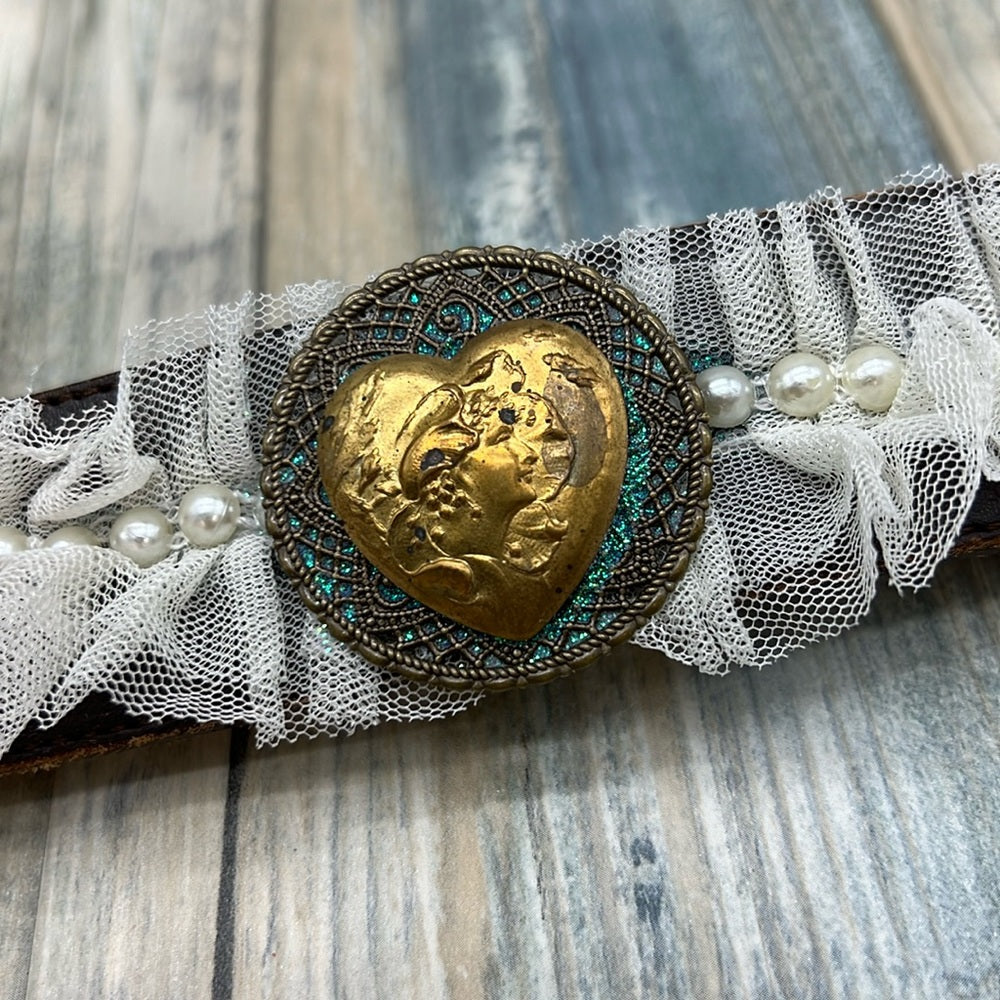 Adorned Crown Jewelry artisan assemblage leather lace lady heart cuff #3