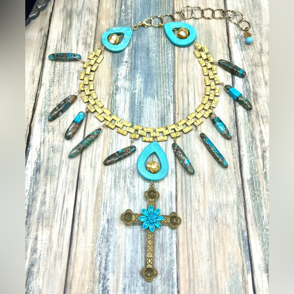 Adorned Crown Jewelry artisan assemblage enamel turquoise cross necklace
