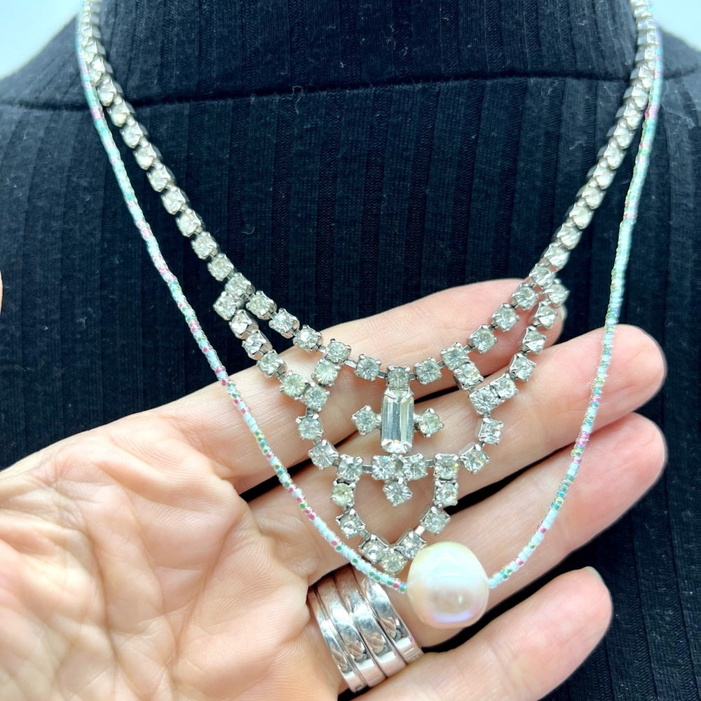 Adorned Crown Jewelry double strand beaded pearl rhinestone choker necklace