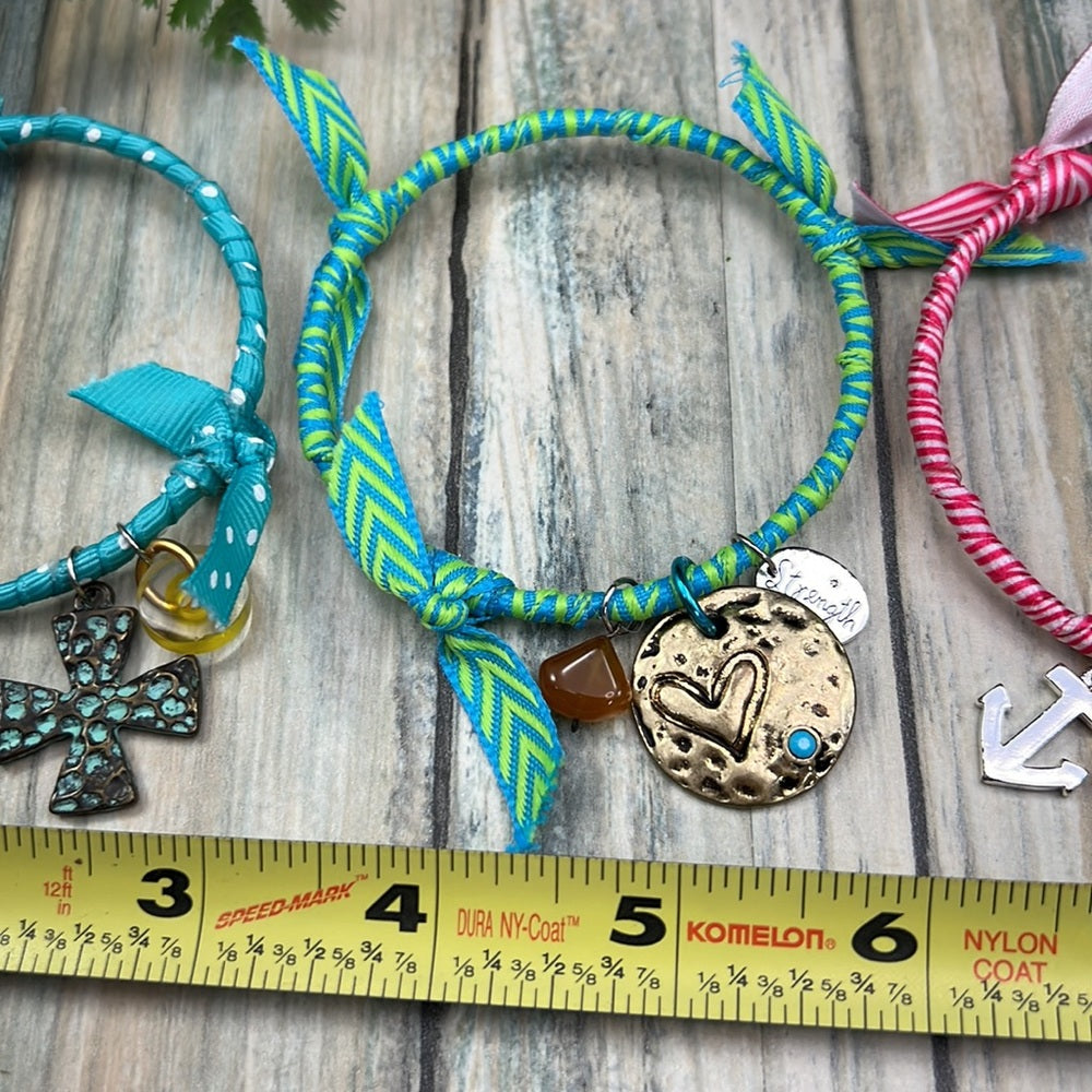 Adorned Crown Jewelry artisan assemblage ribbon charm bangles set of four
