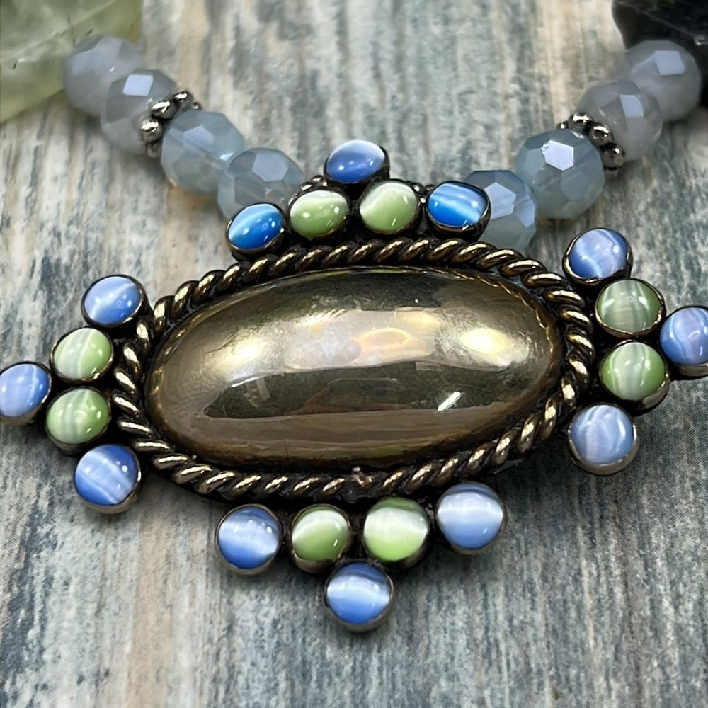 Adorned Crown Artisan Assemblage silver pendant blue green quartz necklace