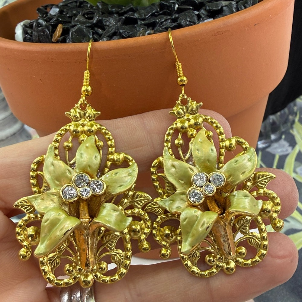 Adorned Crown Jewelry assemblage Lilies on filigree dangle earrings