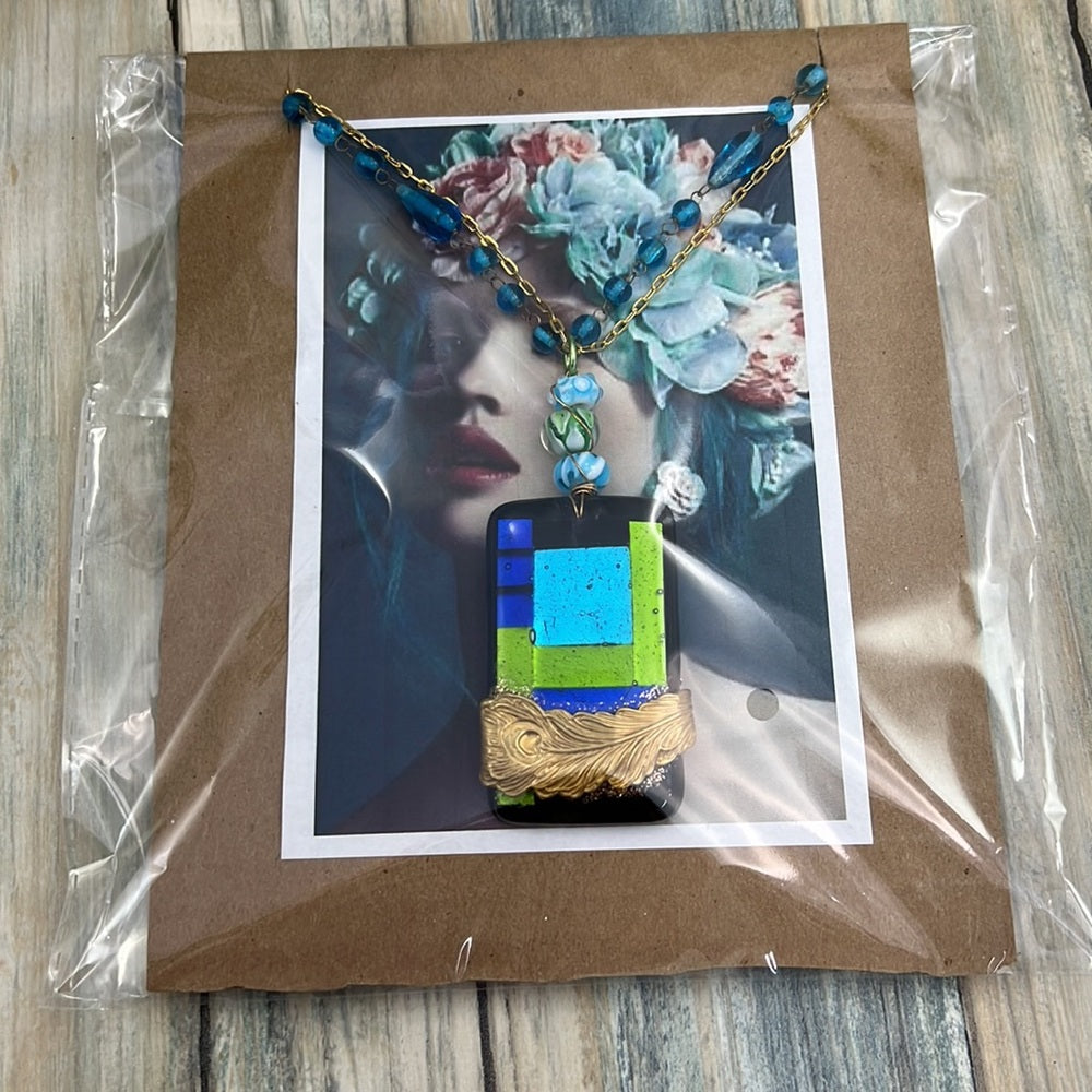 Adorned Crown Artisan Assemblage dichroic glass pendant feather necklace