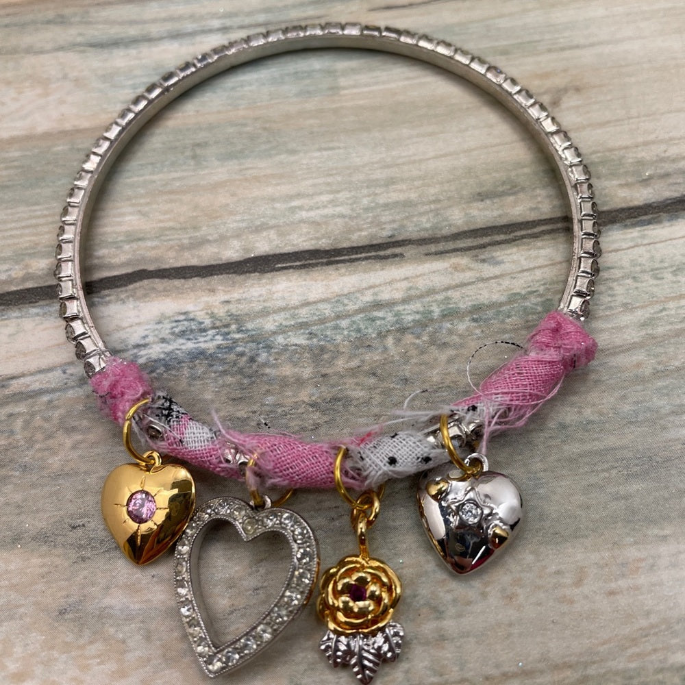 Adorned Crown rhinestone pink bangle heart charm