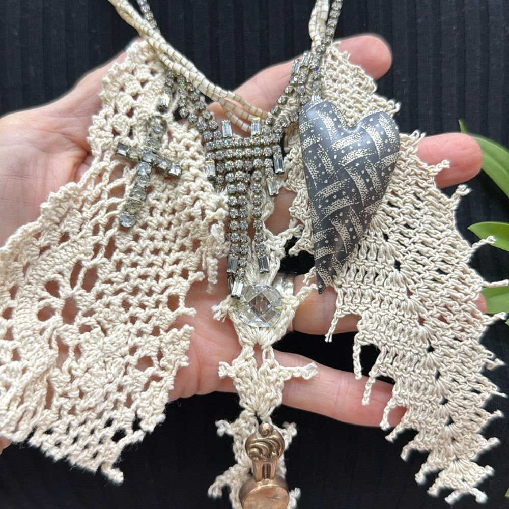 Adorned Crown Jewelry assemblage tattered lace and rhinestone necklace