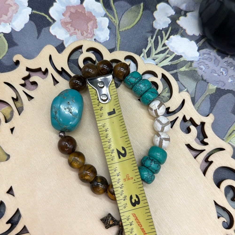 Adorned Crown Jewelry assemblage stretch beaded turquoise cross bracelet