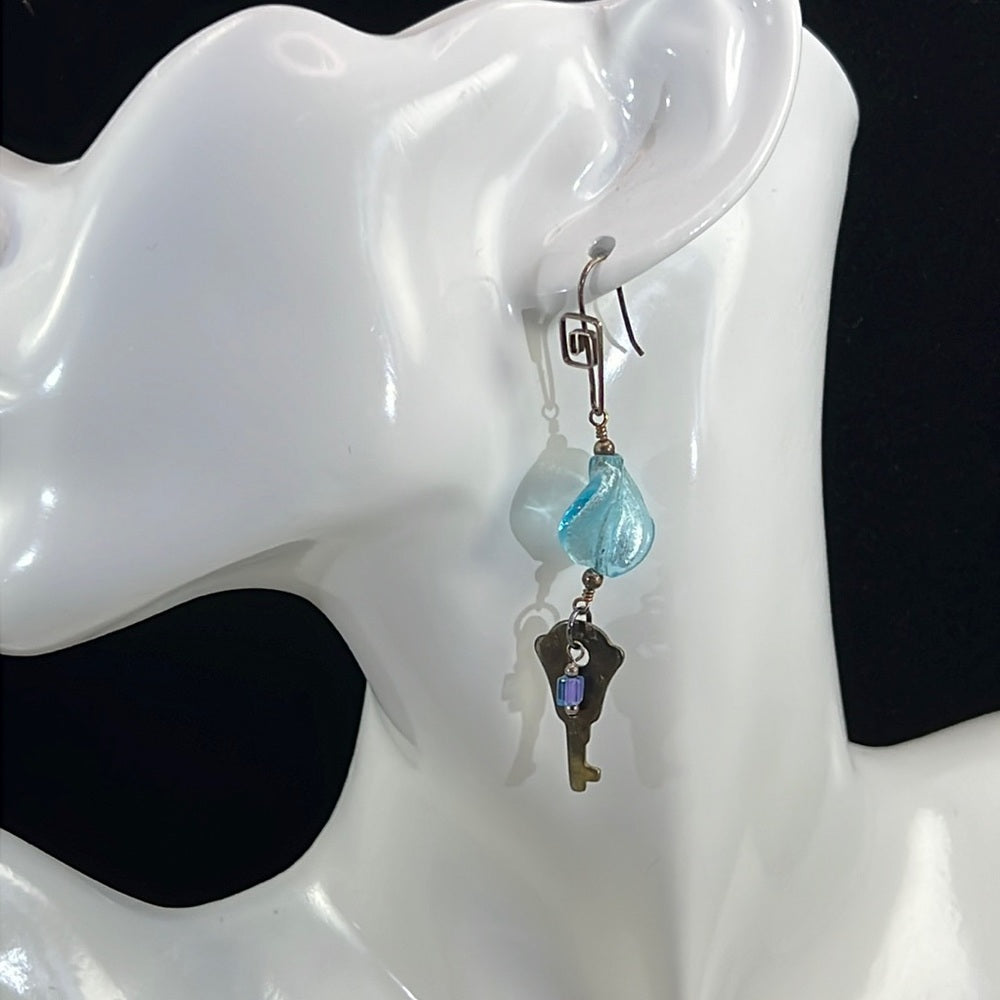 Adorned Crown Artisan Assemblage swirl bead key sterling wire earrings