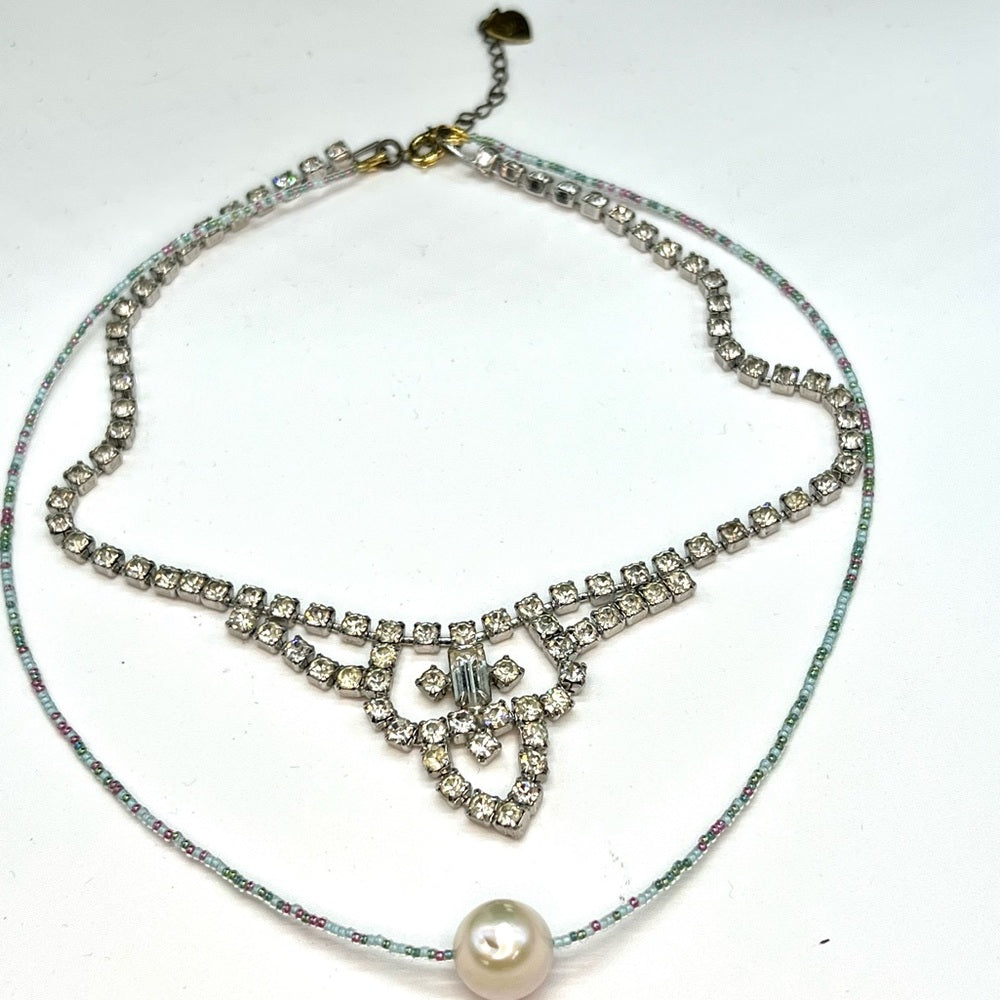 Adorned Crown Jewelry double strand beaded pearl rhinestone choker necklace