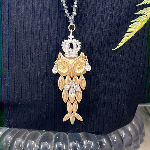 Adorned Crown Artisan Assemblage crowned owl rhinestone beaded long necklace