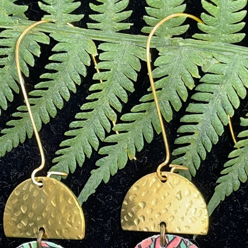 Adorned Crown geo tropical floral leather hammered brass earrings