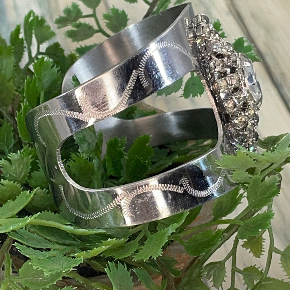 Adorned Crown artisan assemblage metal etched rhinestone cuff bracelet