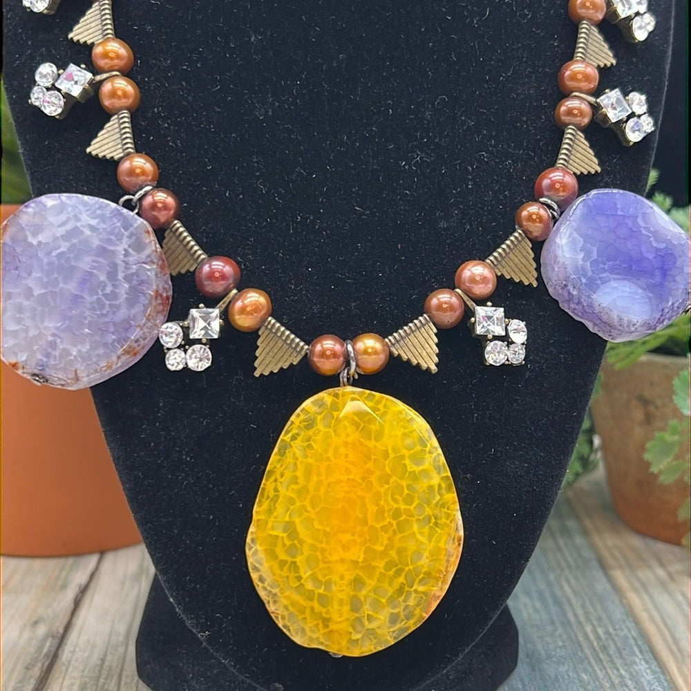 Adorned Crown Jewelry assemblage pearl agate slice crystal spike necklace