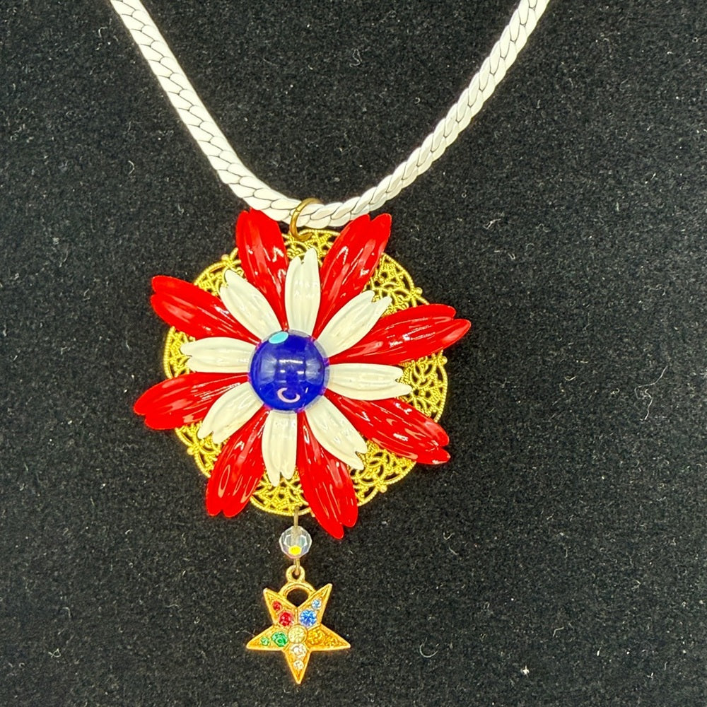 Adorned Crown Jewelry assemblage red white blue enamel flower Star necklace