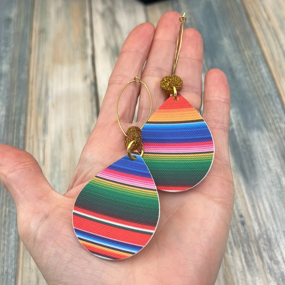 Adorned Crown Artisan faux leather rainbow glitter drop oval hoop earrings