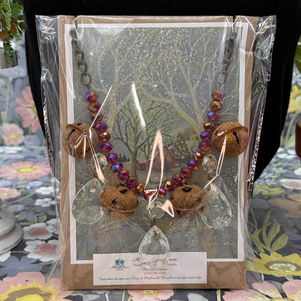 Adorned Crown Jewelry assemblage Christmas rusty jingle bell crystal necklace