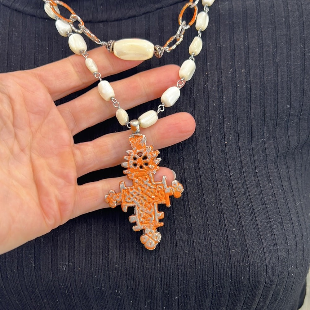 Adorned Crown necklace orange tribal cross mother of Pearl beads assemblage