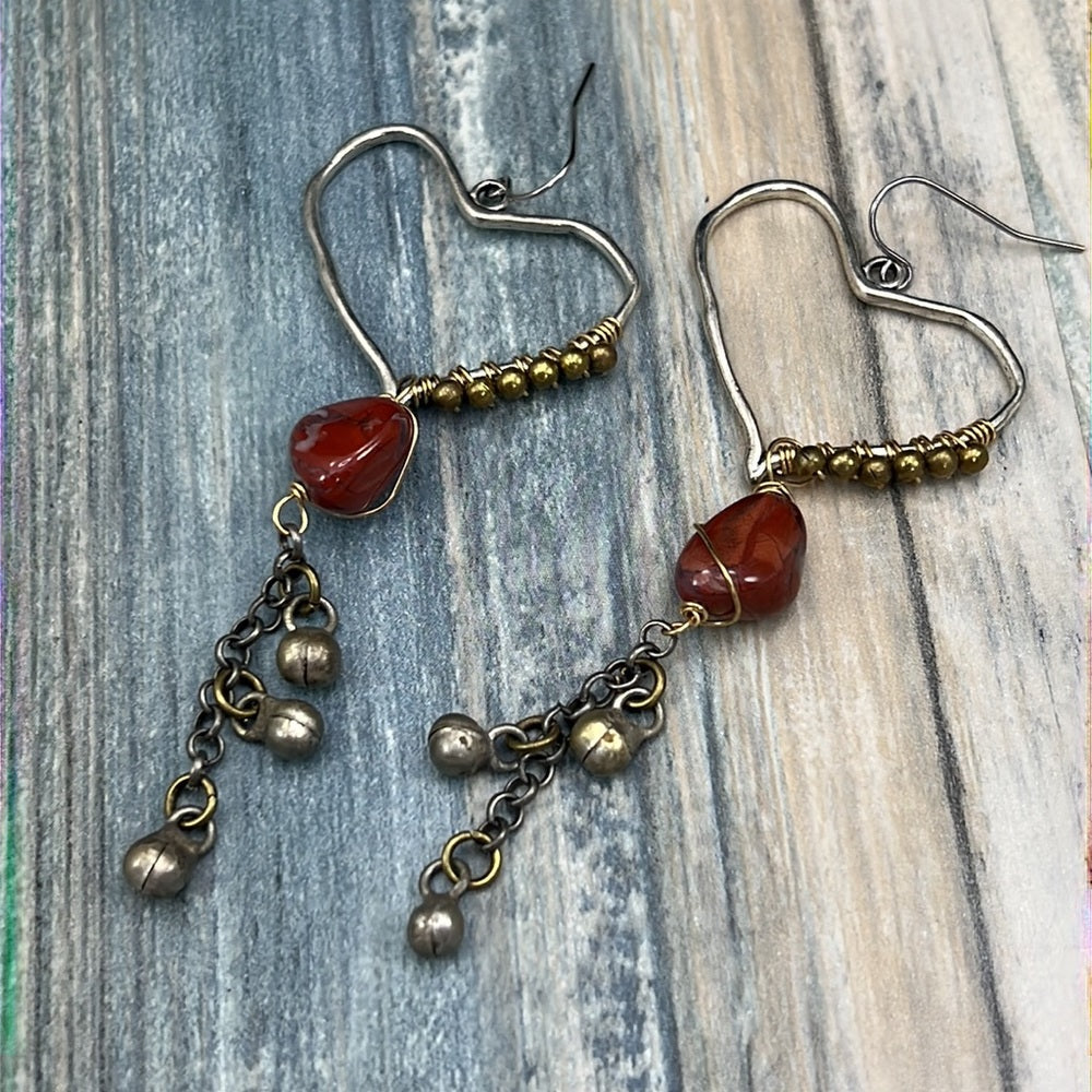 Adorned Crown Artisan Assemblage agate stone heart mixed metal earrings