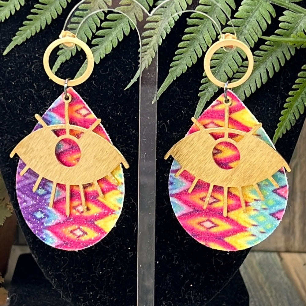 Adorned Crown Artisan Assemblage faux leather psychedelic eye earrings