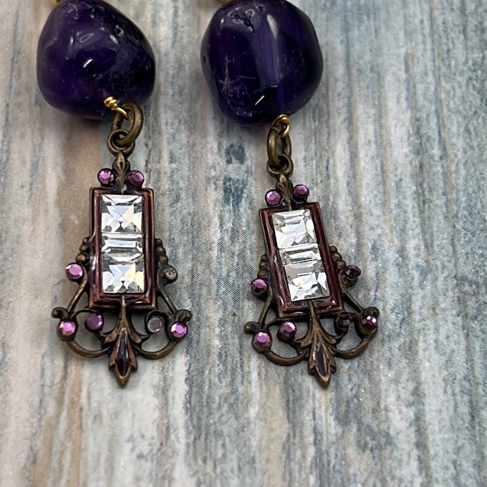 Adorned Crown Artisan Assemblage amethyst rhinestone gold cube earrings