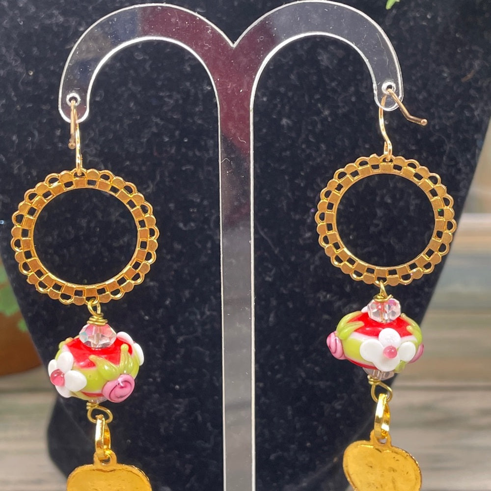 Adorned Crown lamp work floral bead heart charm earrings