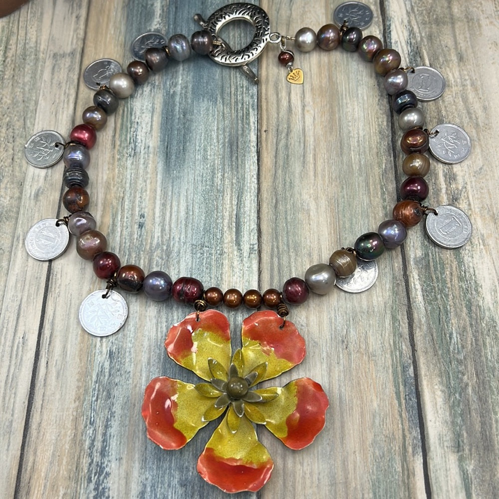 Adorned Crown Artisan Assemblage Tahitian Pearl coins enamel flower necklace