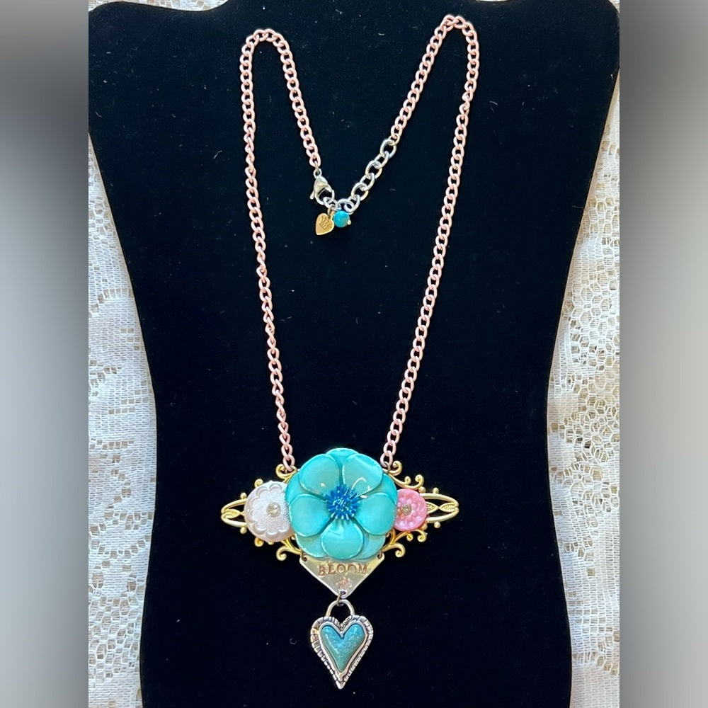 Adorned Crown Jewelry assemblage BLOOM enamel flower heart necklace